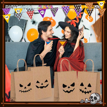 Yexiya 48 Pieces Kraft Halloween Paper Gift Bags Bulk Pumpkin Treat Bags with Handle Kraft Gift Wrap for Halloween Party Favor Supplies