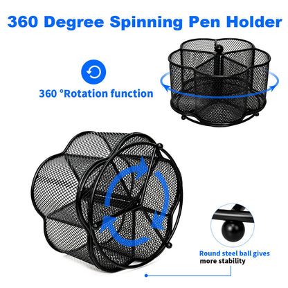 PNEUICALLY 360 Degree Rotate Pen Holder for Desk Mesh Desk Pen Organizer Pencil Holder Large Capacity Accessories & Workspace Organizers for School,Home (Black, No hook)