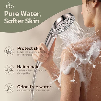 6-Setting Filtered Handheld Shower Head, JDO High Pressure Shower Head with Replaceable Filter Cartridge 4.7 Inch Detachable Showerhead for Chlorine Hard Water Removal 59 Inch Stainless Steel Hose
