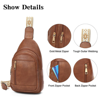 SENDEFN Small Sling Bag for Women Leather Crossbody Bags Purse for Travel Fanny Pack Chest Bag with Adjustable Guitar Strap