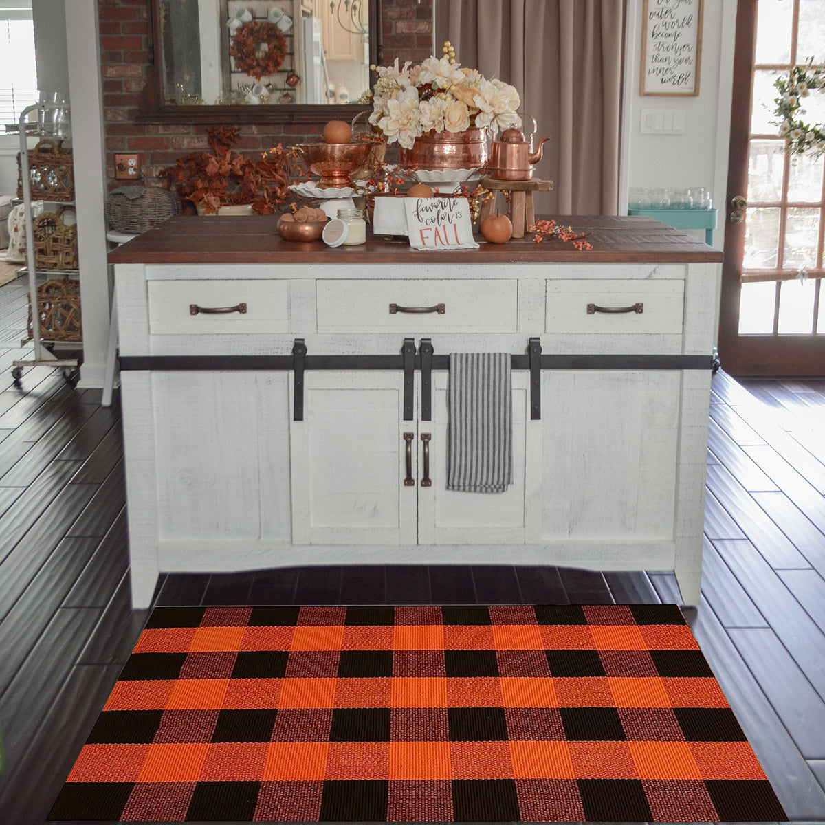 Fall Outdoor Rug Orange Buffalo Plaid Outdoor Rug Cotton Hand-Woven Buffalo Check Rug Layered Doormats for Front Door/Front Porch/Farmhouse/Entryway/Patio(Orange and Black Plaid, 27.5'' x 43'')