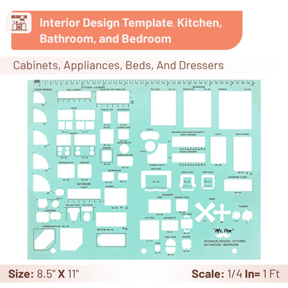 Mr. Pen- House Plan, 3 pcs, Interior Design and Furniture Templates, Clear Flexible Plastic, Drafting Tools, Ruler Shapes for Architecture, 1/4 Inch Scale, Kitchen, Bath, Bedroom, Office, Living Room