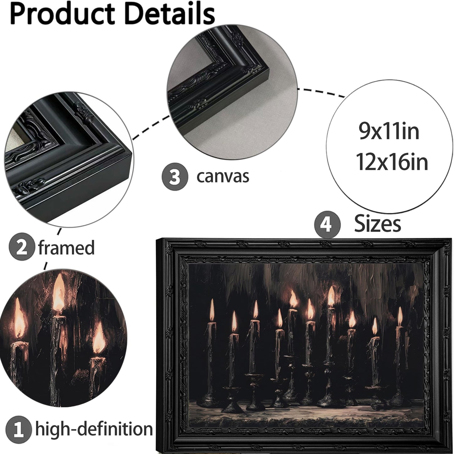 Framed Halloween Candle Canvas Wall Art,Dark Moody Painting Picture Wall Decor,Gothic Poster Print Art,for Bathroom Living Room Gallery Home Decoration 9x11in