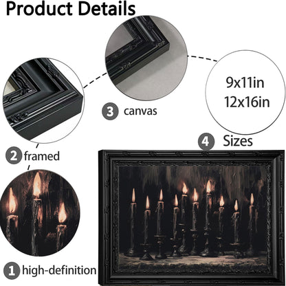 Framed Halloween Candle Canvas Wall Art,Dark Moody Painting Picture Wall Decor,Gothic Poster Print Art,for Bathroom Living Room Gallery Home Decoration 9x11in