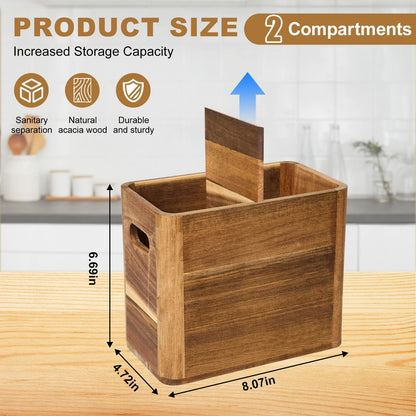 Utensil Holder, Kitchen Utensil Holder, Acacia Wooden Utensil Holder, Kitchen Utensil Holder for Countertop, Medium Utensil Holder for Storage Cooking Tools and Silverware with 2 Compartments