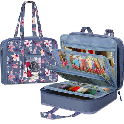 FINPAC Sewing and Craft Supplies Storage Tote, Large Capacity Travel Packing Organizer Bag with Clear Pockets and Handle for Knitting, Crochet, Art, Sewing Accessories (Blooming Hibiscus)