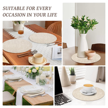 13" Round Placemats Set of 4, Reversible Faux Leather Heat Resistant Table Mats, 100% Waterproof Oilproof Wipeable Table Protective Placemats for Vinyl, Washable for Indoor & Outdoor Use (4, Beige)
