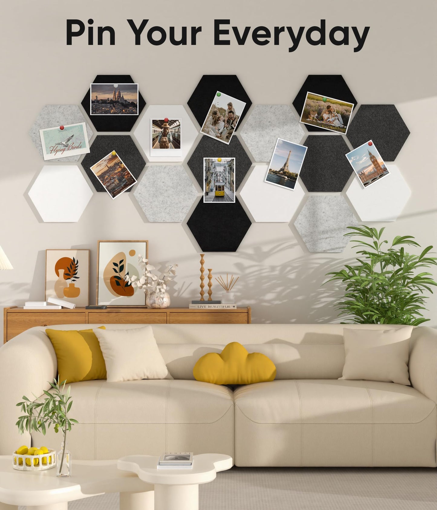 Toptople 12 Inch Large Hexagon Cork Board for Walls, 8 Pack Felt Bulletin Board Tiles, Pin Board with Push Pins for Office Photo and Note, Gradual Gray