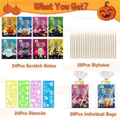 ZMLM 24 Pack Rainbow Scratch Art Party Favors for Kids 4-8 - Mess-Free Birthday Goodie Bags Stuffers, Classroom Prizes Grades 1–3, Creative Paper Notebooks for Pre-K Kindergarten Gifts(Halloween
