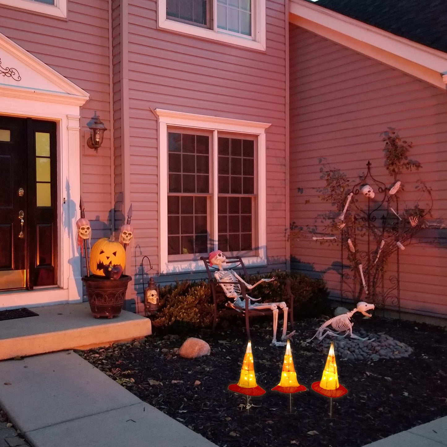 National Tree Company Garden Stake Lawn Decoration, Orange, Candy Corn Witches Hats, LED Lights, Halloween Collection, 23 Inches