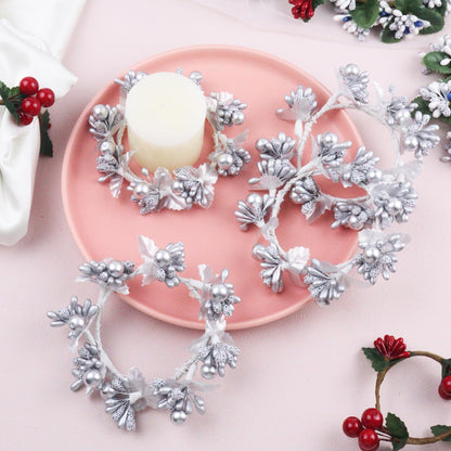 Brihaspory White Christmas Candle Rings Set of 4, Handmade Silver Berry Mini Candle Wreaths for New Year Dinner Party Table Centerpieces
