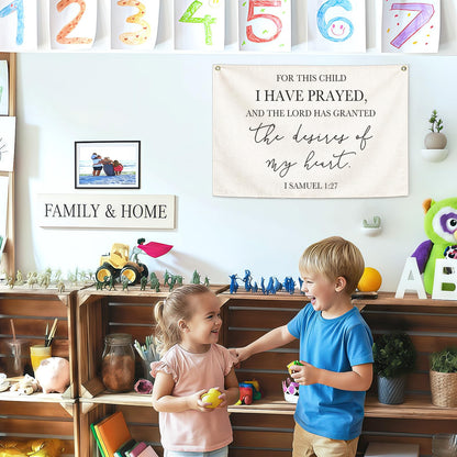 Nursery Wall Decor-Rectangular Canvas Banner Flag Poster Wall Decoration for Baby Kids Girl Boy,Nursery Bedroom Playroom Babyroom Decor-Baby Shower Christmas Gift-This Child I Have Prayed-28.5"L×20"W