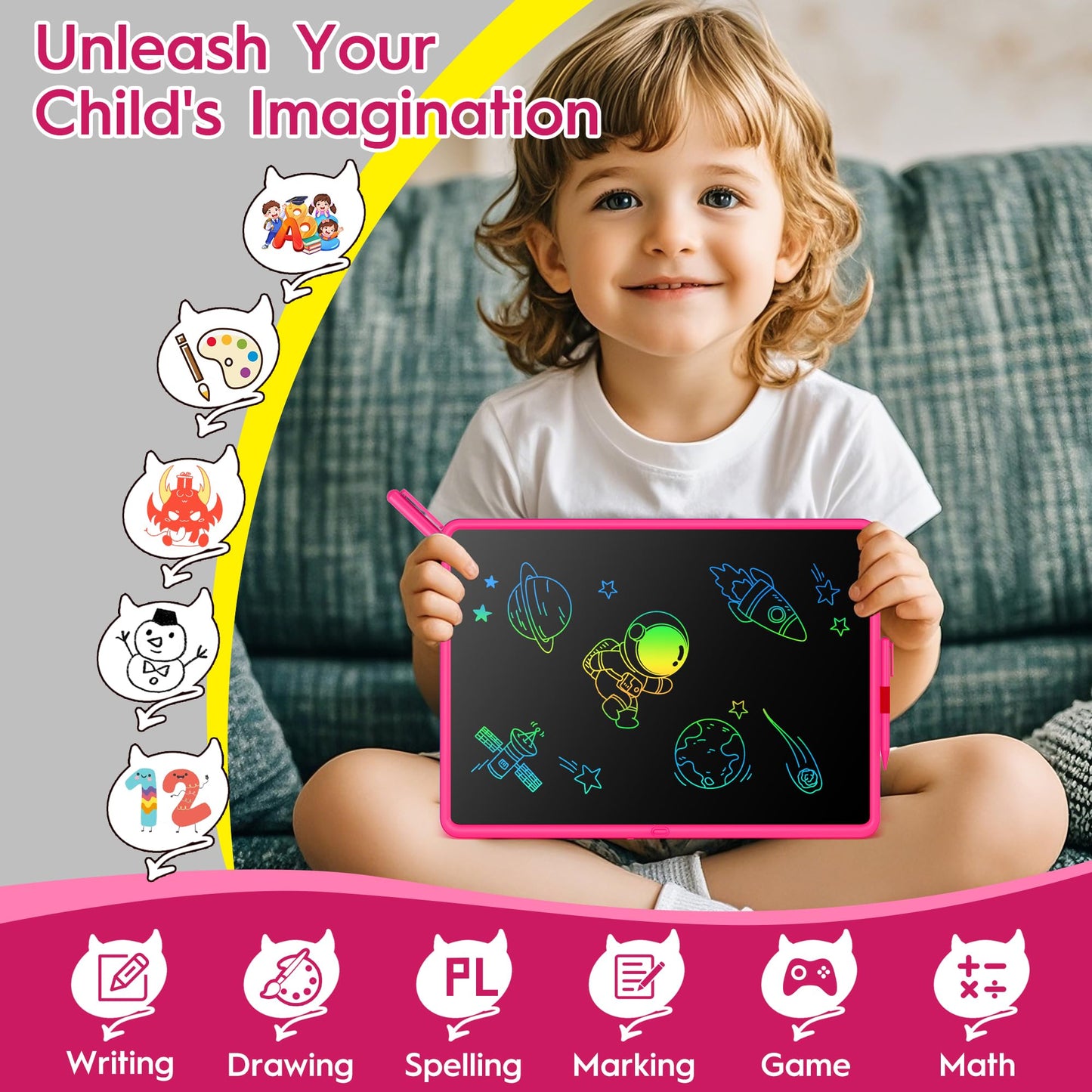 20 Inch LCD Writing Tablet for Kids, Children's Art Toys, Educational and Learning Drawing Kits, Birthday Gifts for Boys and Girs Aged 3-12+, Pink
