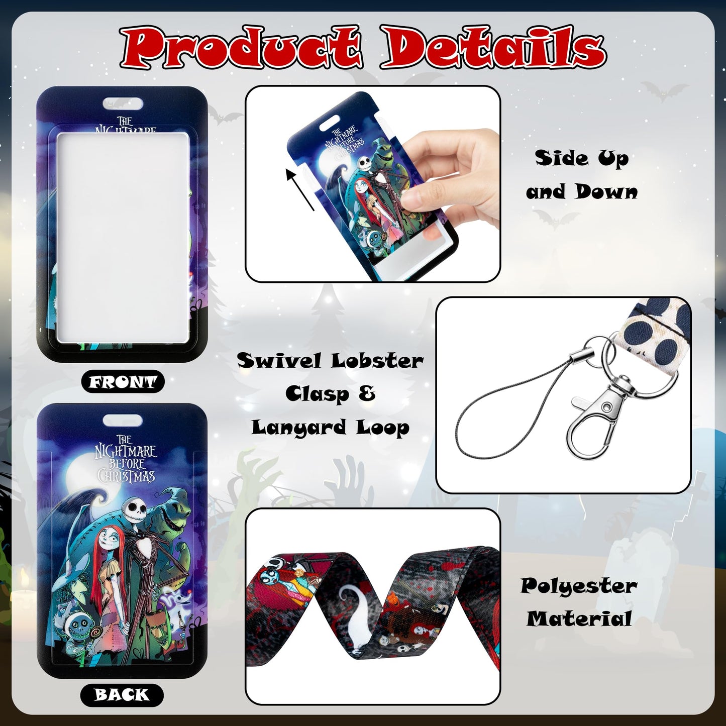 CFuguier Halloween Card Holder Lanyard - 4-Set Halloween Gothic Style ID Badge Card Holder Neck Lanyard Women Men Teacher Nursing Student Nurse Office School Cell Phone Car Key Chain Wallet USB Flash