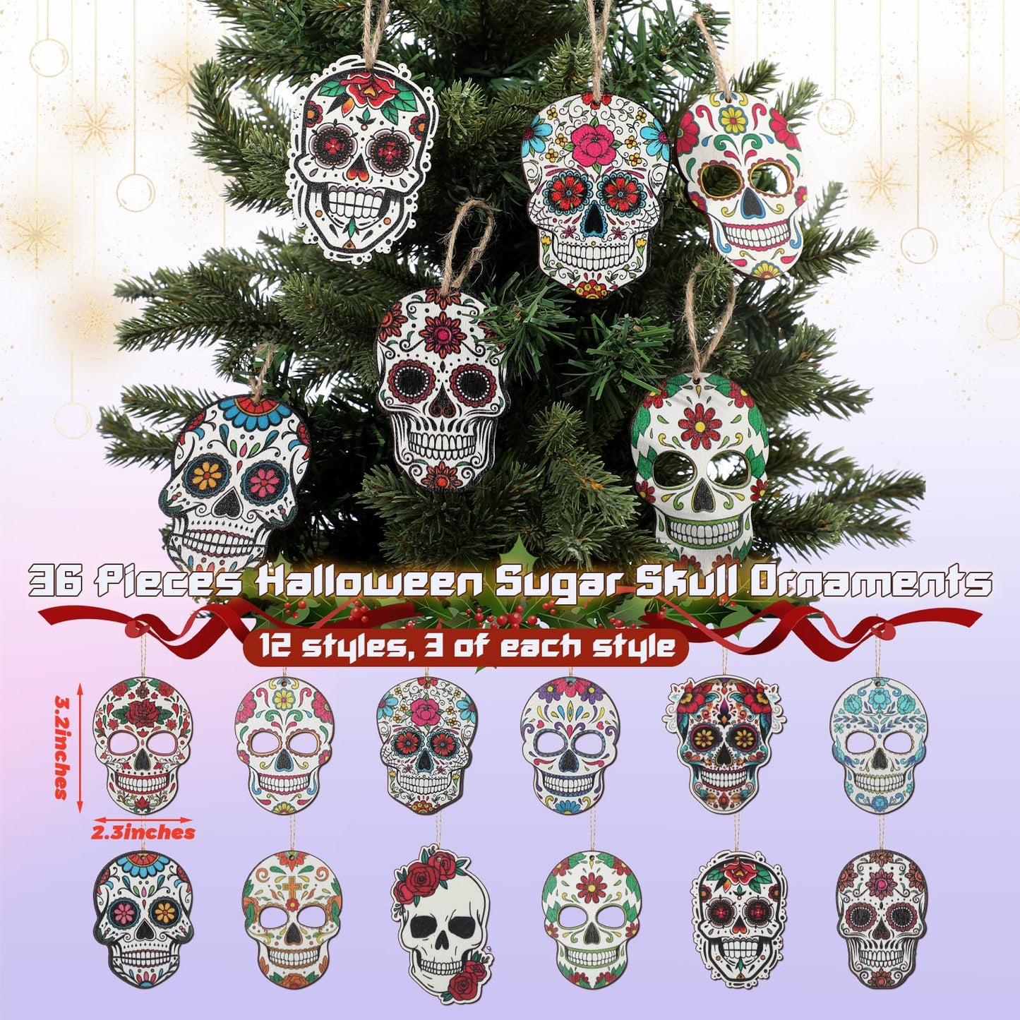 Vercraft 36 Pcs Sugar Skulls Ornaments for Christmas Tree Hanging Decoration Novelty Wood Double-Sided Printing Mexican Christmas Tree Skeleton Head Decor for Holiday Party Favor