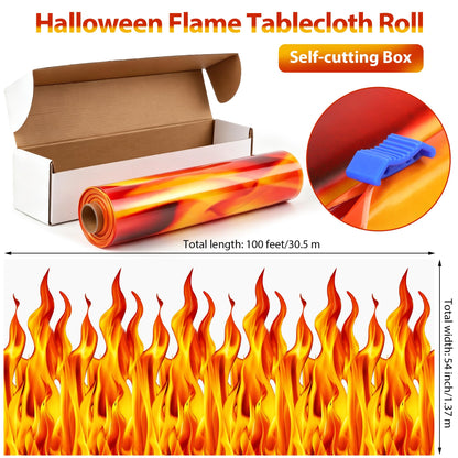 Kochorie 100 Ft x 54 Inch Halloween Flame Party Tablecloth Roll with Cutter Box Waterproof Plastic Fake Fire Table Cover for Halloween Campfire Party Supplies Decorations