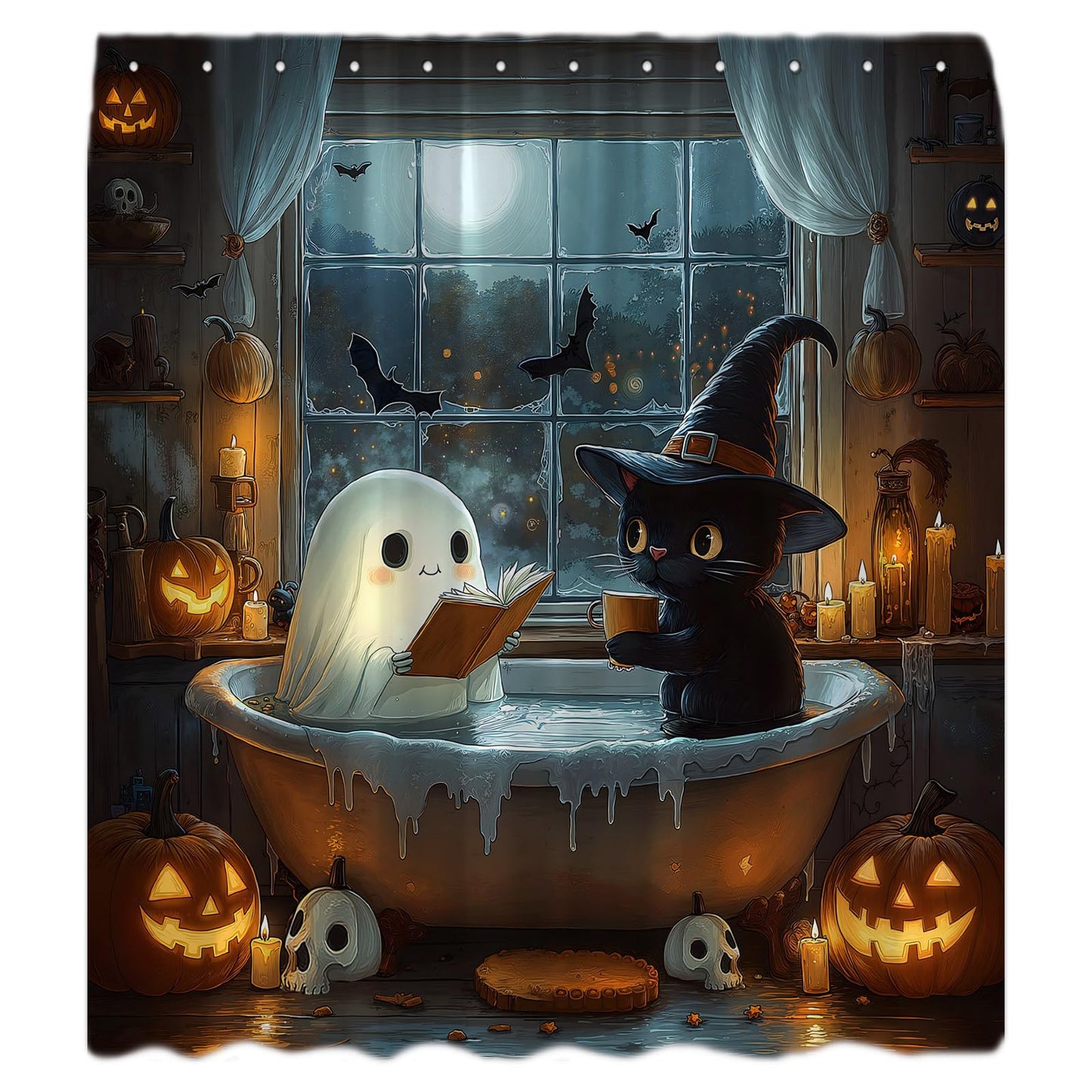 HUSPWP Halloween Funny Ghost Shower Curtain Spooky Gothic Cute Ghost Black Cat Reading in Bathtub Pumpkin Bat Skull Dark Horror Scary Goth Bat Creepy Holiday Fabric Bath Curtain with Hook