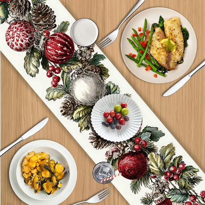 Elegant Christmas Table Runner and Placemats Set – 1 Runner & 4 Placemats – Festive Wreath Design with Red & White Baubles, Pinecones & Berries –Holiday Table Decor for Winter Dining & Christmas Party