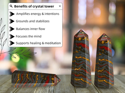Amazing Gemstone Iron Tiger Eye Crystal Towers - Natural Healing Crystal Point Obelisk for Reiki Healing and Crystal Grid (3" to 4" INCH)