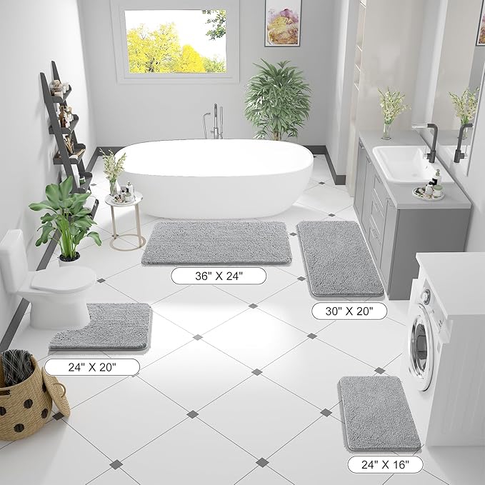 OLANLY Bathroom Runner Rugs 47x20, Soft Absorbent Chenille Bath Rugs, Rubber Backing Quick Dry, Machine Washable Long Bath Mats for Bathroom Floor, Tub and Shower, Home Decor Accessories, Light Grey