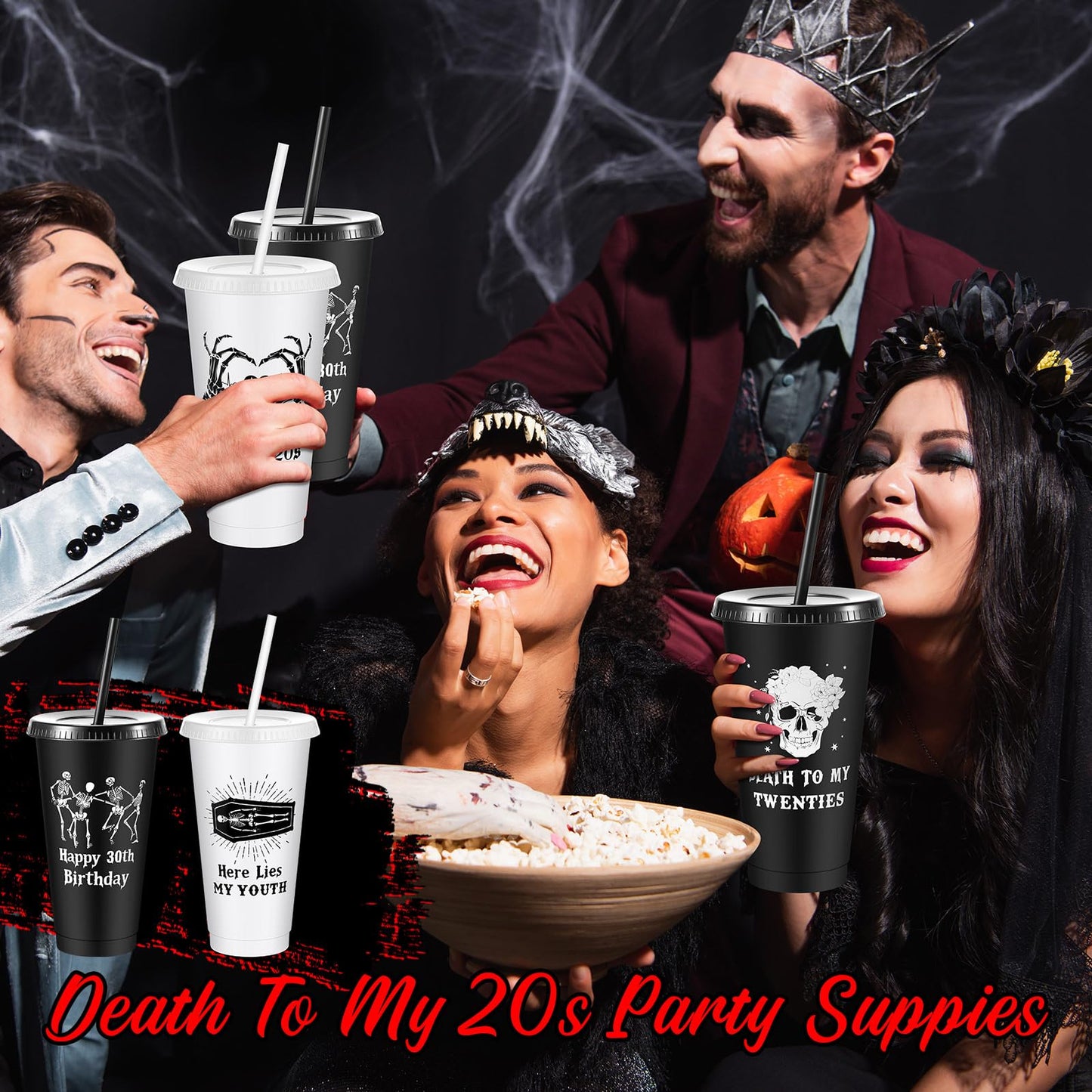 Uiifan 12 Pcs Gothic 30th Birthday Cups Death to My 20s Party Decorations Plastic Tumbler with Lid and Straw 24oz Reusable Cup Skull Design Happy Halloween Men Gifts Funny Supplies