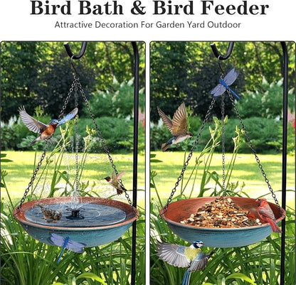 Hanging Bird Bath for Outdoors,11Inch Double Patchwork Birdbath Bowl Window Birds Feeder with 13.5 in Rust-Proof Black Chains Metal Hanging Birds Feeder for Garden Backyard Decor Copper Blue
