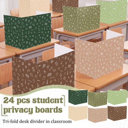 SATINIOR 24 Pcs Privacy Folders for Students, Desk Dividers for Classroom Testing, Trifold Cardboard Privacy Boards, Study Carrels Panel School Teacher Supplies(Stationery Style,Matcha Color)