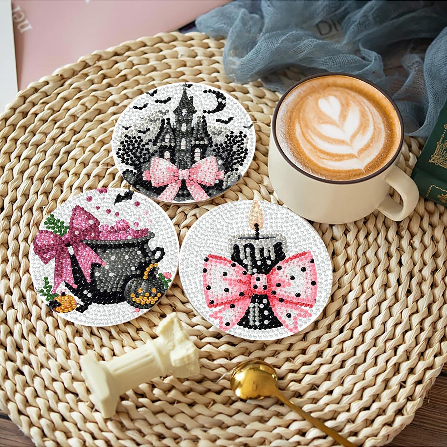 Yijingtop 8 Pcs Halloween Diamond Art Coasters,Cute Pink Gothic Diamond Painting Coasters,Small Diamond Art Kits for Adults,Crystal Gem Art Kits for Home Wall Decor