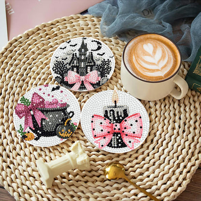 Yijingtop 8 Pcs Halloween Diamond Art Coasters,Cute Pink Gothic Diamond Painting Coasters,Small Diamond Art Kits for Adults,Crystal Gem Art Kits for Home Wall Decor