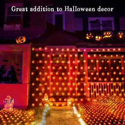 BlcTec Halloween Net Lights 360 LED 9.8ft x 6.6 Orange Halloween Lights with 8 Modes, Timer, Connectable, Waterproof & Dark Green Wire Design for Lawn, Porch, Shrub, Bushes Outdoor Holiday Decorations