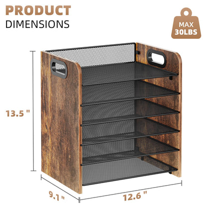 Marbrasse 6 Tier Paper Organizer Letter Tray - Wooden Desk File Organizer with Handle, Paper Sorter Organizer for Letter/A4 Office File Folder Holder