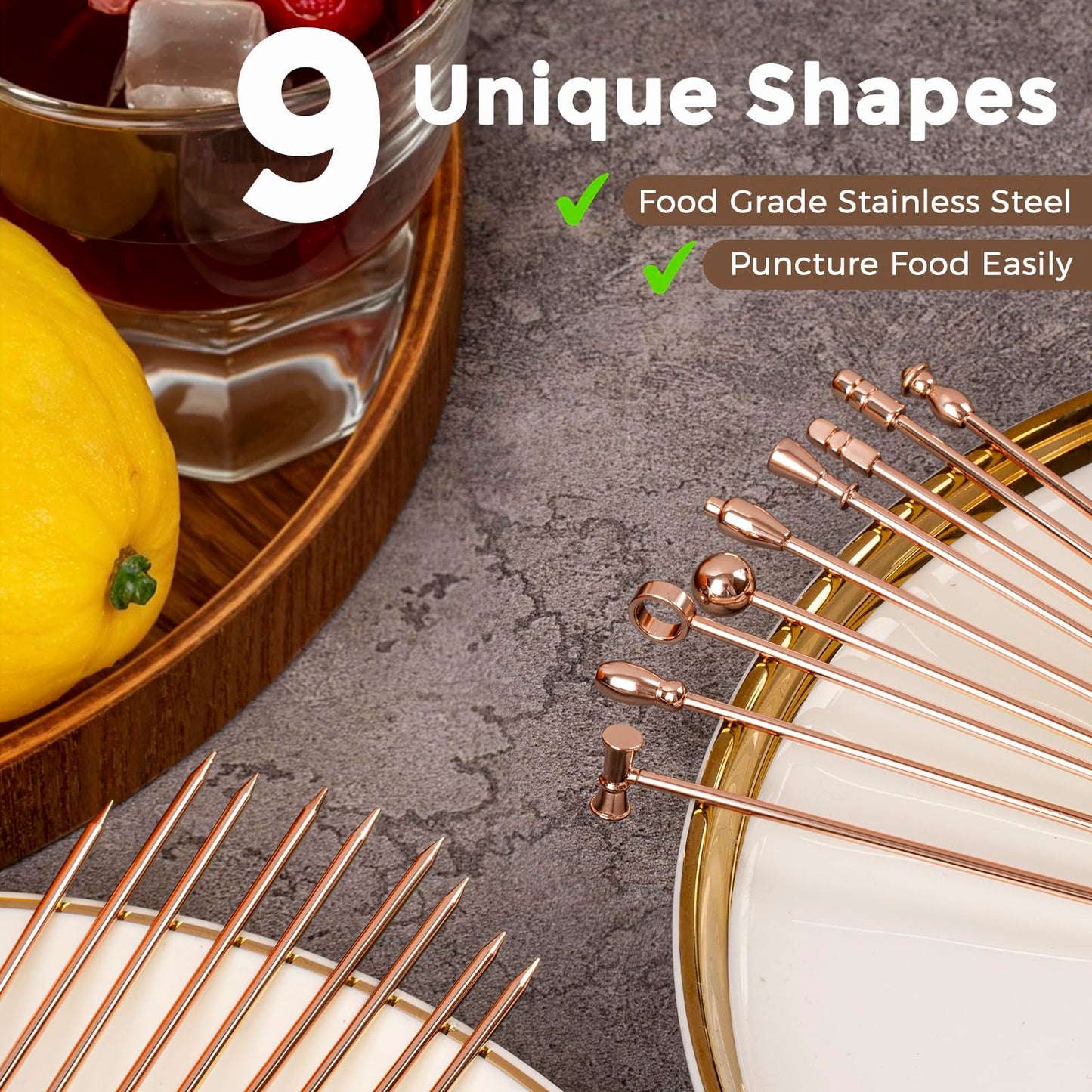 Metal Martini Cocktail Picks 9 Pcs, 4.1 in Olive Skewers Stainless Steel, Drinks Garnish Sticks, Reusable Appetizers Toothpicks, Home Bar Accessories Supplies Gift for Father Bartender - Rose Gold
