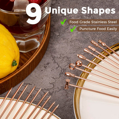 Metal Martini Cocktail Picks 9 Pcs, 4.1 in Olive Skewers Stainless Steel, Drinks Garnish Sticks, Reusable Appetizers Toothpicks, Home Bar Accessories Supplies Gift for Father Bartender - Rose Gold