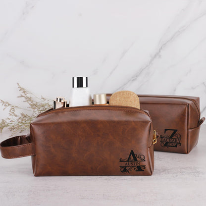 JSENGIFT Mens Toiletry Travel Bag Initial M, Personalized Leather Toiletry Bag for Men, Anniversary Christmas Valentines Fathers Day Birthday Gifts for Husband Dad Grandpa Brother