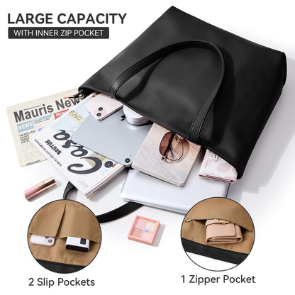 WLLWOO Soft Vegan Leather Tote Bag for Women Large Casual Hobo Handbags Zipper Shoulder Work Daily Weekender Travel Purse, Black