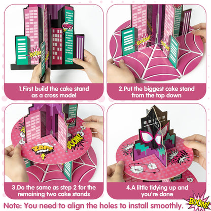 Andi Cppss Pink Spider Cupcake Stand - 3 Tier Pink Spider Party Dessert Holder Spiders Theme Cardboard Cake Stand for Birthday Party Decorations Cupcake Display for Kids Birthday Party Supplies