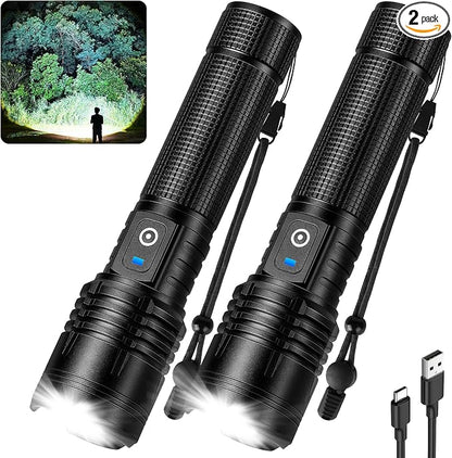 Kmivo Rechargeable LED Flashlight, 100,000 High Lumens Super Bright Tactical Flashlight, 5 Modes Adjustable Focus, Waterproof Powerful Handheld Flash Light for Camping Home Emergency (2 Pack)