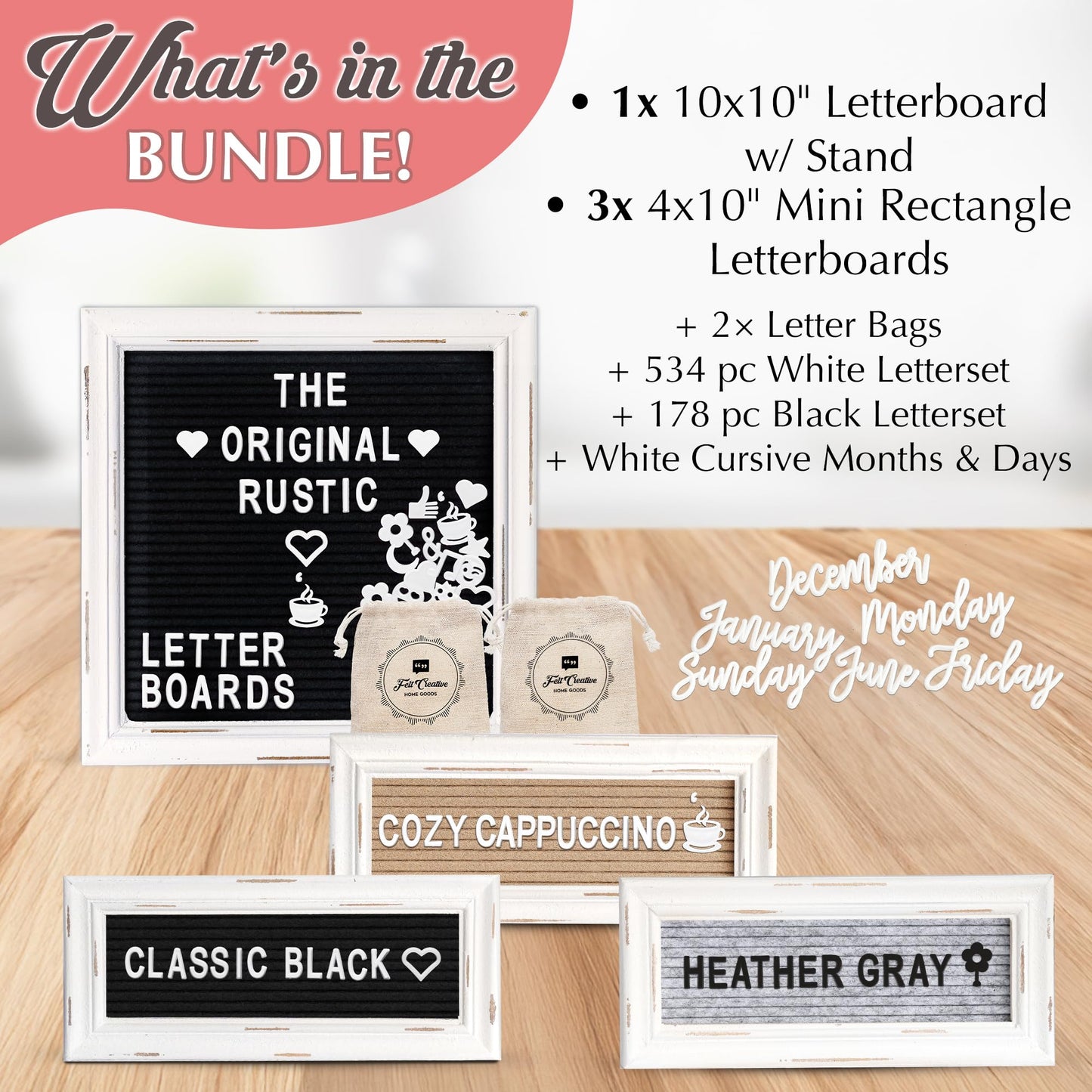 Letterboards + Mini Letterboards Bundle - Black 10x10 Felt Letter Board with Stand & 4x10 Mini Letter Boards Set of 3 – Farmhouse Baby Announcement & Back to School Changeable Message Board Bundle