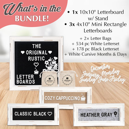 Letterboards + Mini Letterboards Bundle - Black 10x10 Felt Letter Board with Stand & 4x10 Mini Letter Boards Set of 3 – Farmhouse Baby Announcement & Back to School Changeable Message Board Bundle