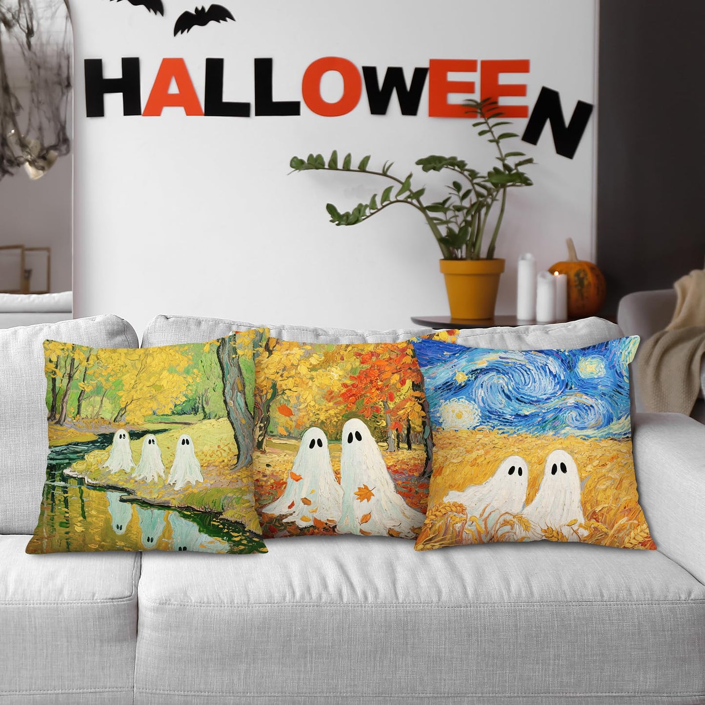 Whaline 4Pcs Halloween Pillow Covers Van Gogh Ghost Starry Sky Throw Pillow Case Decorative Cushion Cover for Sofa Couch Bed Home Office, 18 x 18 Inch