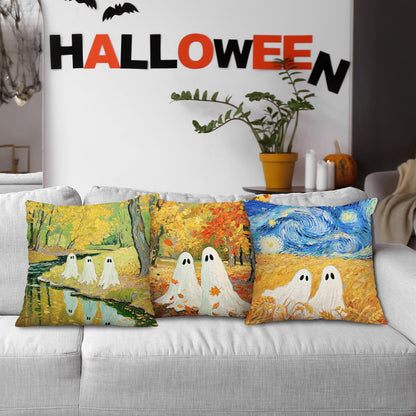 Whaline 4Pcs Halloween Pillow Covers Van Gogh Ghost Starry Sky Throw Pillow Case Decorative Cushion Cover for Sofa Couch Bed Home Office, 18 x 18 Inch