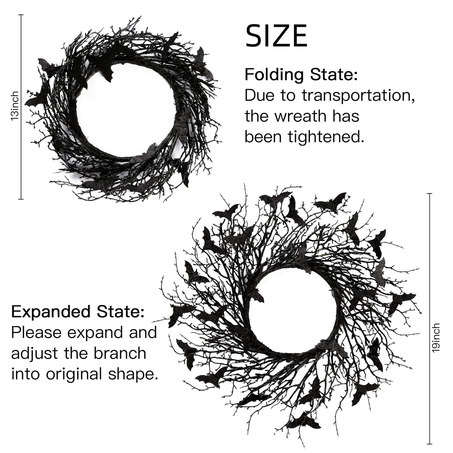 Sggvecsy 17.7"Artificial Black Twig Wreath with Glitter Bats - Handmade Sparkling Hanging Decorations for Front Door, Indoor/Outdoor Halloween Party
