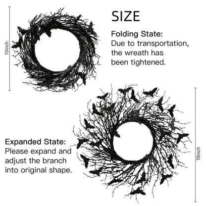 Sggvecsy 17.7"Artificial Black Twig Wreath with Glitter Bats - Handmade Sparkling Hanging Decorations for Front Door, Indoor/Outdoor Halloween Party