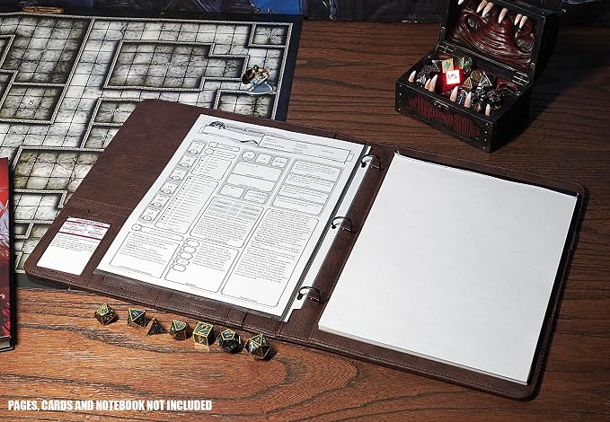 Forged Dice Co. Game-Folio PU Leather Portfolio Binder - Gaming Binder for DND Character Sheets with DND Spell Cards Organizer and Clear Front Pocket - Compatible with Dungeons and Dragons RPG - Brown