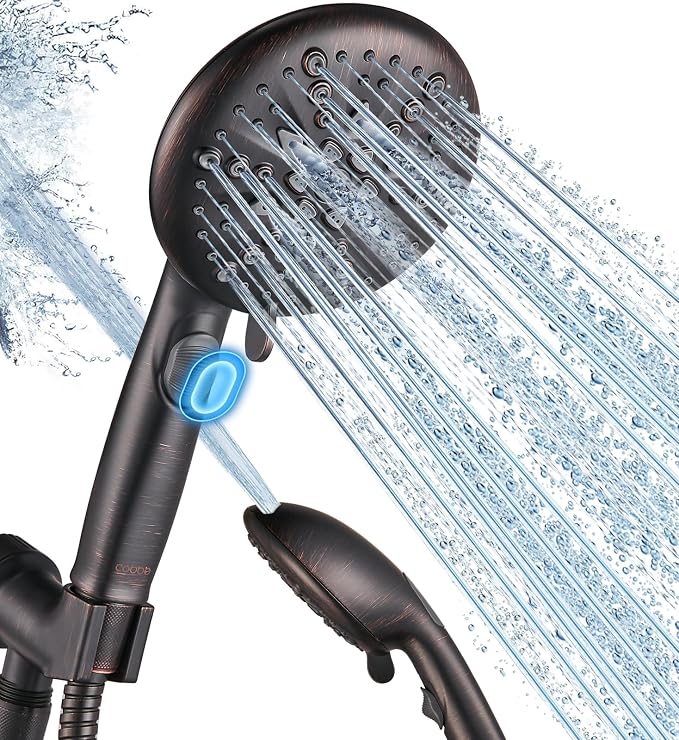 Cobbe 9-Function Shower Head with Built-in Power Spray, 1.8 GPM Water Saving ON/OFF Toggle Switch, High Pressure Handheld Showerhead with 1-Click Pause Button, Brass Bracket & 6ft Hose, ORB