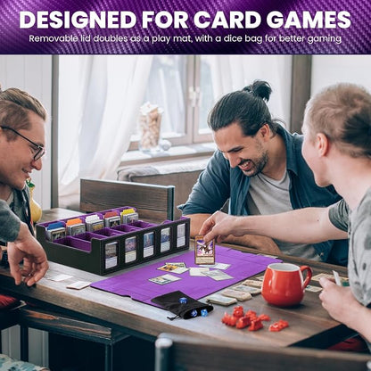 Trading Card Storage Box with Handle,5-Row Portable Leather Game Case for 4000+ Cards,Purple Card Collection Box with Commander Display Window for MTG,Yugioh, and Sports Cards,Gifts for Card Collector