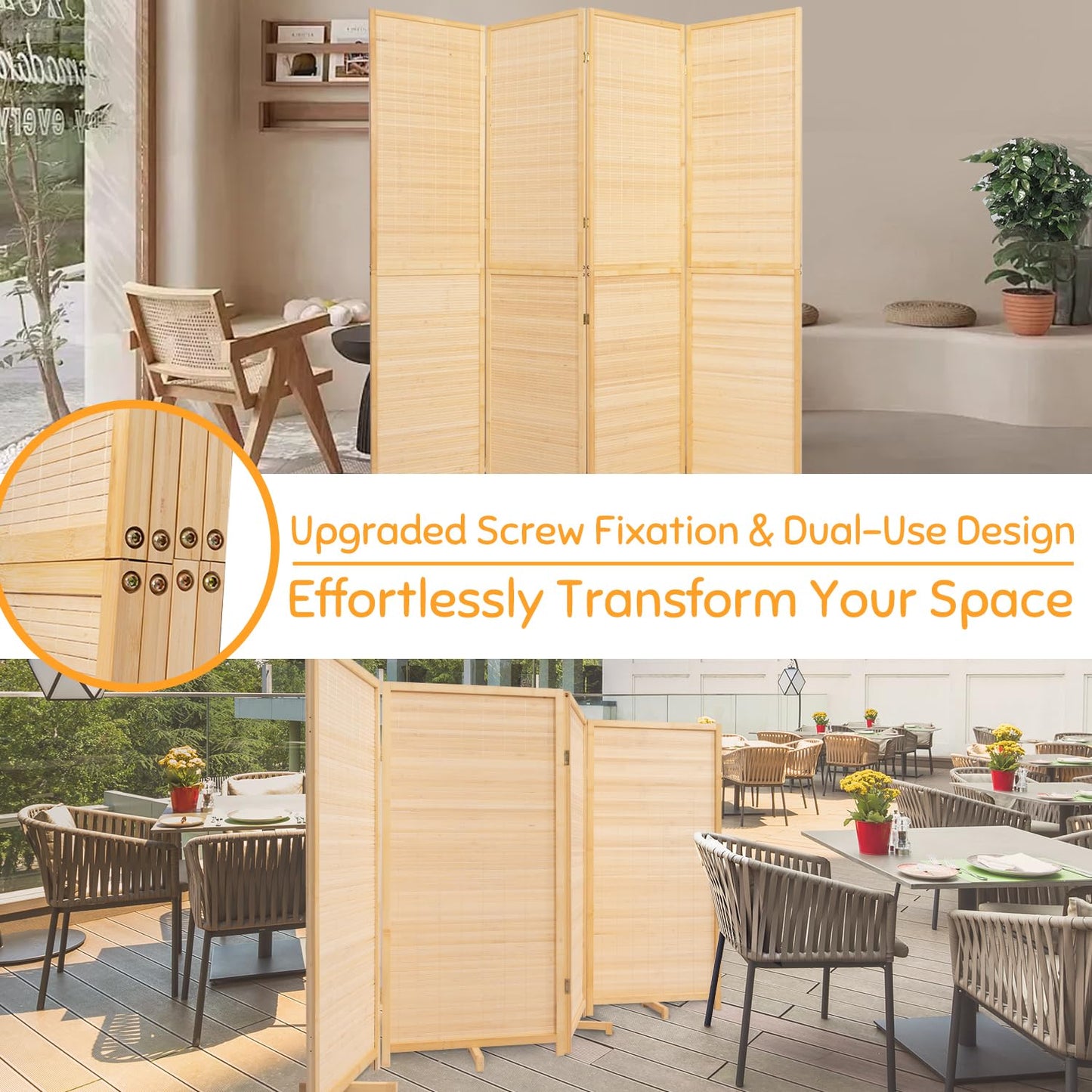 Bamboo Room Divider Folding Privacy Screens, Wall Divider for Room Separation, Portable Room Partitions and Dividers, 5.6FT Bamboo Room Divider Panel (Beige, 4 Panel-67”)