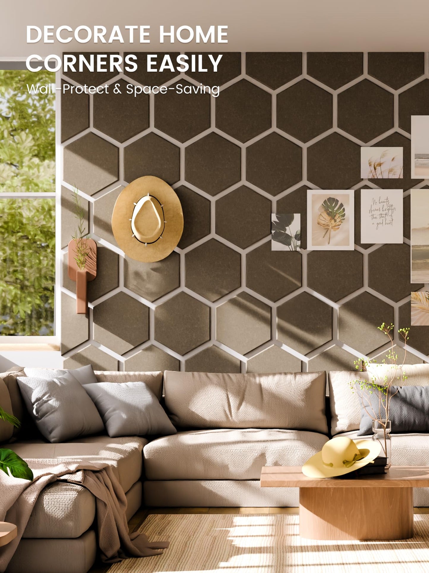 Fluxynara Hexagon Cork Board Alternative for Walls Decor-12-Pack Felt Bulletin Board Tiles,with 30 Pushpins,70 Adhesive Tabs for Office,Classrooms & Home Pin Board Felt Board-Earth Brown