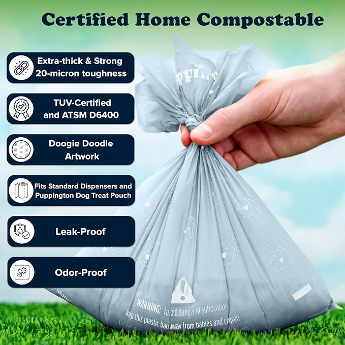 Puppington Certified Home Compostable Poop Bags - ASTM D6400 Compliant - Plant-Based Thick Bags - Pairs with Puppington 3-in-1 Bag & Fits all Standard Poop Bag Dispensers (Ice Blue, 180 Bags)