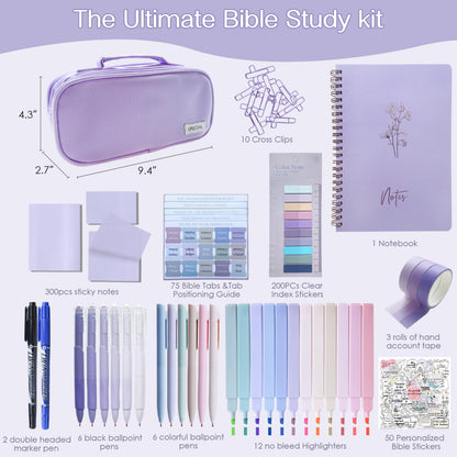 J6&H6 170Pcs Complete Bible Study Supplies Journaling Kit with Tabs, Highlighters and Color Pens, Notebook,Stickers & More Bible Accessories Set for Women, Beginner Christian Gifts(Purple)